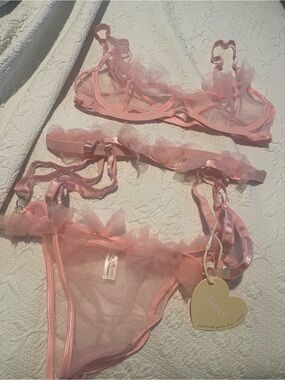 Sheer Ruffle Lace Trim Bralette & Panty Set in Pink. Underwire Bra M NEW